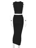 Luna Solid Colour Hollow Round Neck Top Slim Skirt Set
