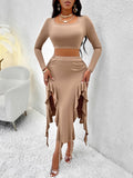 Luna Solid Colour Long Sleeve Top Ruffled Skirt Set