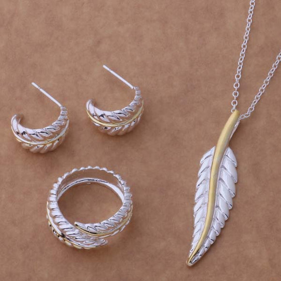 Luna Necklace Ring Earrings Plated 925 Sterling Silver Feather Set
