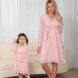 Luna Mom and Daughter Gold and Pink Dress