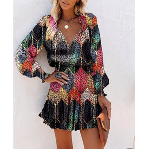 Luna Printed Patchwork Puff Sleeve Waist Dress