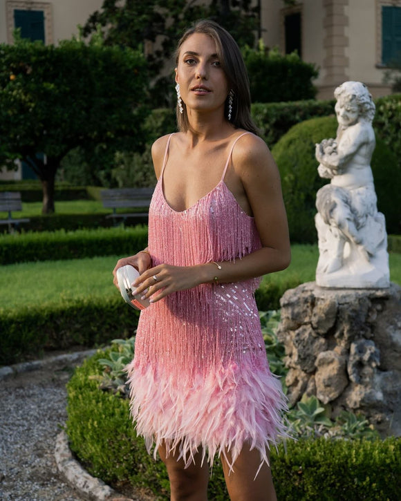 Luna Fringed Sequined Faux Feather Pink Dress