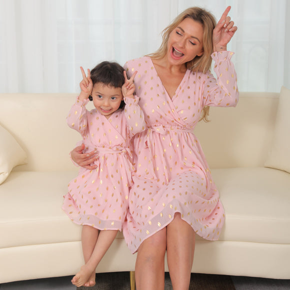 Luna Mom and Daughter Gold and Pink Dress