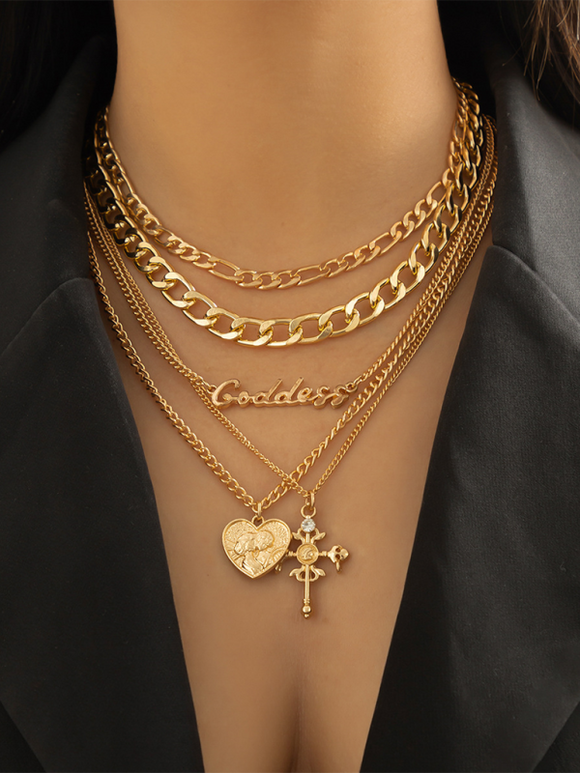 Luna Multi-Layered Cross Heart Letter Pendant Necklace