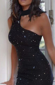 Luna Sparkly Sleeveless One Shoulder Halter Dress