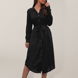 Women's woven lapel long sleeve shirt dress