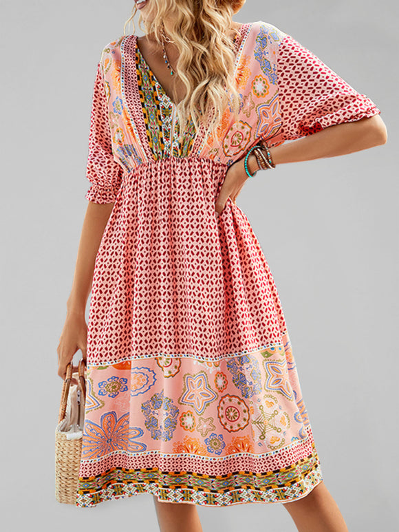 Luna Boho Floral Print Casual Midi Dress