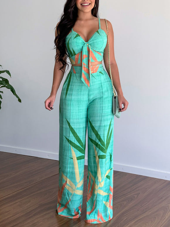 Linen-like casual suit V-neck high-waist printed wide-leg pants two-piece set