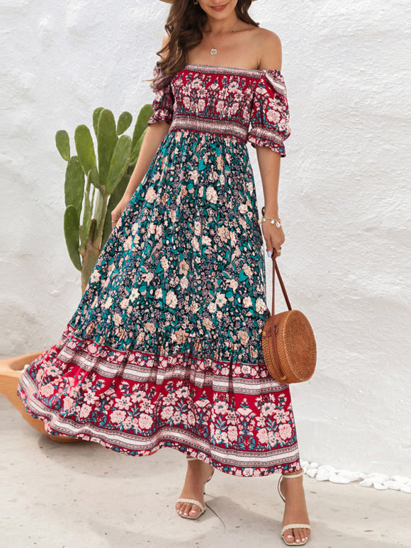 Luna Boho Vacation Off-Shoulder Floral Midi Dress