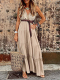 New French style high waist V-neck stitching mid-length dress maxi dress