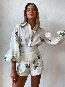 Luna Long-Sleeved Shirt and High-Waisted Shorts Suit