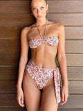 New high waist solid color strap bikini sexy backless printed split swimsuit