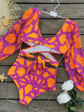 New stylish and sexy printed vacation long-sleeved bikini three-piece set (top + pants + skirt)