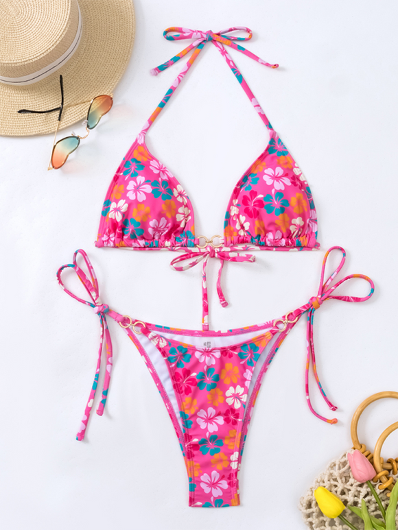 Triangle Cup Printed Lace-Up Sexy Bikini Swimsuit