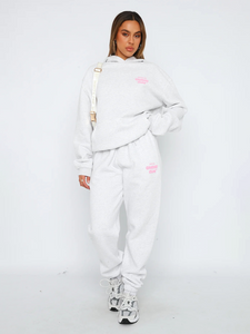 Luna White Fox Long Sleeve Hooded Sweatshirt Two Piece Set