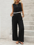 Black and white contrast stitching sleeveless vest trousers two-piece set