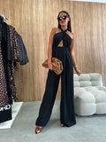 Solid color sleeveless off-shoulder sexy halter neck waist jumpsuit