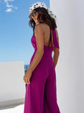 Solid color sleeveless off-shoulder sexy halter neck waist jumpsuit