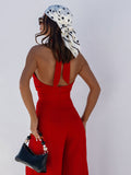Solid color sleeveless off-shoulder sexy halter neck waist jumpsuit