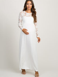 New European and American fashion solid color maternity lace hollow long sleeve dress long dress