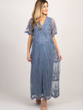 Maternity clothes-Woven short-sleeved V-neck lace long dress