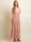 Maternity clothes-Woven short-sleeved V-neck lace long dress